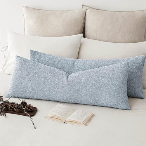 Image of Foindtower Decorative Textured Boucle Throw Pillow Covers Accent Solid Pillow Cases Neutral Long Body Lumbar Couch Cushion Case for Chair Sofa Bedroom Living Room Home Decor 14x36 Inch,1PC,Light Blue