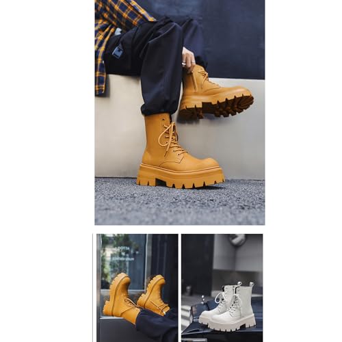 Men's Leather Platform Lace Up Combat Boots Fashion Side Zipper Chunky Heel Lug Sole Motorcycle Boots Anti-Slip High Top Biker Ankle Booties3