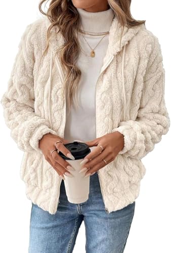 Image of Crsiphee Women's Teddy Fleece Hoodie Soft Fluffy Sherpa Jacket Warm Zip Up Long Sleeve Coat with Pockets for Autumn and Winter Apricot XL