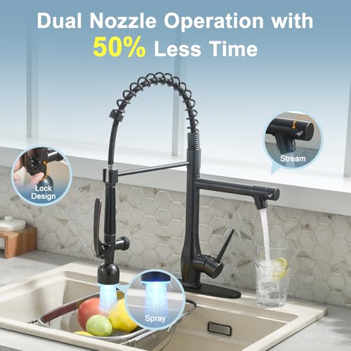 Image of GIMILI Oil Rubbed Bronze Kitchen Faucet with LED Single Handle Kitchen Sink Faucet with Pull Down Sprayer Commercial Double-Headed Stainless Steel Kitchen Faucets Sink with Deck Plate