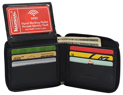 MARSHAL RFID Blocking Mens Zip Around Wallet Cowhide Leather Zipper Bifold (Black)2