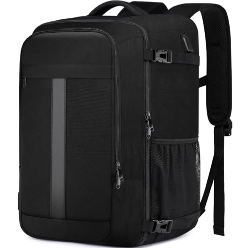 PUSLOM Handgepäck Rucksack 55x35x25 cm (48L) für Air France, Schwarz, USB-Ladeanschluss, Laptopfach, 2 Rollen, Weich, nicht wasserfest