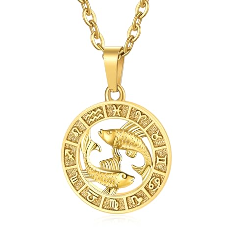 GHIUYUI Zodiac Sign Pendant Necklaces for Women Men Stainless Steels Pisces Constellation Horoscope Medallion Retro Celestial Astrology Jewelry (Pisces 2.19~3.20, Gold)