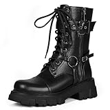 ElegaStep Women Harness Motorcycle Biker Boots Steampunk Combat Boots Chunky Goth Boots Mid Calf Boots Lug Sole Lace Up Side Zipper Black US 8
