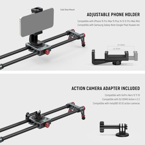 Image of NEEWER 16in /40cm Carbon Fiber Camera Slider with 360 Ball Head /Phone Clamp /Action Camera Mount, Dolly Rail Track with 4 Bearings & Adjustable Legs, Compatible with GoPro Insta360 iPhone Android, CS1M