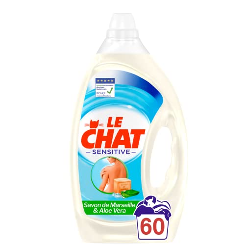 Le Chat Sensitive – Lessive Hypoallergénique – 60 Lavages (3L) – Lessive liquide Savon de Marseille & Aloé Vera – Lessive peaux sensibles