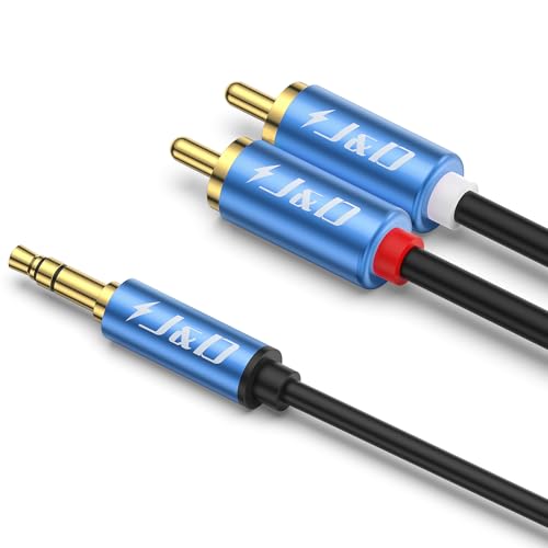 J&D 3.5mm Male to 2 RCA Phono Male Stereo Audio Cable, Aluminum Alloy Shell Gold-Plated RCA Audio Adapter Aux Cable, Blue, 6 Feet