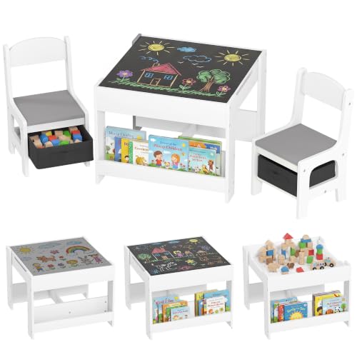 HOMCOM Juego de Mesa y 2 Sillas Infantiles Mesa con Sillas para Niños 3 en 1 con Pizarra Cajones de Tela y Espacio de Almacenamiento para Guardería Sala de Juegos Blanco y Gris