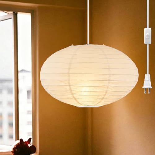FEHEED 16 Oval Plug in Pendant Light Fixture 15 Ft Hanging Paper Lantern Oval White Paper Lamp Hanging Pendant Light with On/Off Switch for Birthday Wedding Living Room and Home Decor