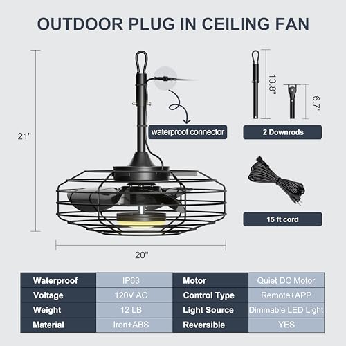 Coolbull Outdoor Ceiling Fans with Light for Patios, 20'' Wet Rated Gazebo Fan Remote&APP Control, Dimmable Hanging Fan with Plug in Cord for Pergola, Black