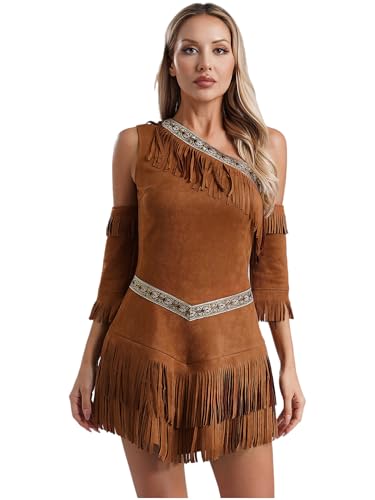 Moggemol Costume Indien Pour Femmes Robe Hippie En Daim Avec Franges Costume Indien Du Far West Déguisement Pour Halloween Carnaval Brun S