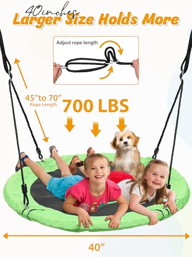 Tree Swing for Kids Outdoor, 40 Inch Saucer Swings for Swingset, Round Tree Swing for Adults Play Outside Heavy Duty 750 Lb Capacity, Circle Disc Swings with Hanging Straps, Vibrant Green, Child Gift - Thumbnail 2