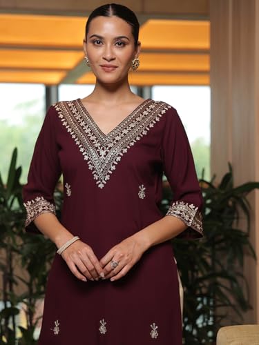 Image of Libas Womens Embroidered Viscose Straight Kurta for Women | Ethnic wear | Bridal Suit | Wedding Dress | Occasion wear