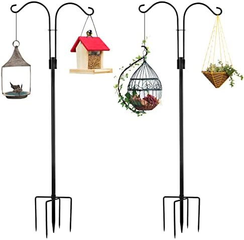 LOLOST 60 Inch Tall Shepherd Hooks with 5-Forked Base, Adjustable Heavy Duty Bird Feeder Pole Stand Hanger, Shepards Hooks for Outdoor Suitable for Light Solar Lantern Mason Jar Wedding,2 Pack