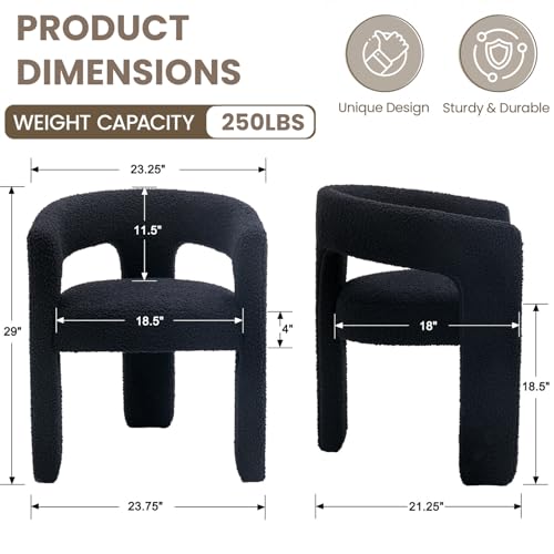 Image of HNY Modern Barrel Kitchen & Dining Room Chairs Set of 2, Sherpa Upholstered Accent Chairs with Arm, 18.5'' Wide Side Armchairs Vanity Chairs for Living Room Bedroom Makeup Small Spaces, Black