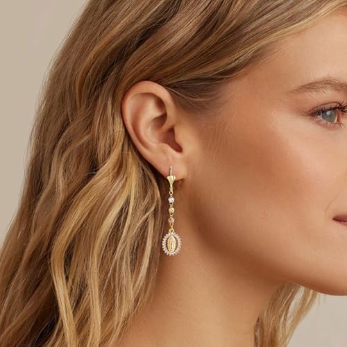 Gold Virgin Mary Dangle Earrings - 14k Gold Plated Long Drop Earring,Hypoallergenic Cubic Zirconia Golden Religious Ear Rings,Non Tarnish Virgen De Guadalupe Jewelry,Catholic Gifts for Women2