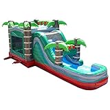 TentandTable Mega Tropical Red Marble Single Lane Water Slide & Bounce House Combo | 32-Foot Long x...