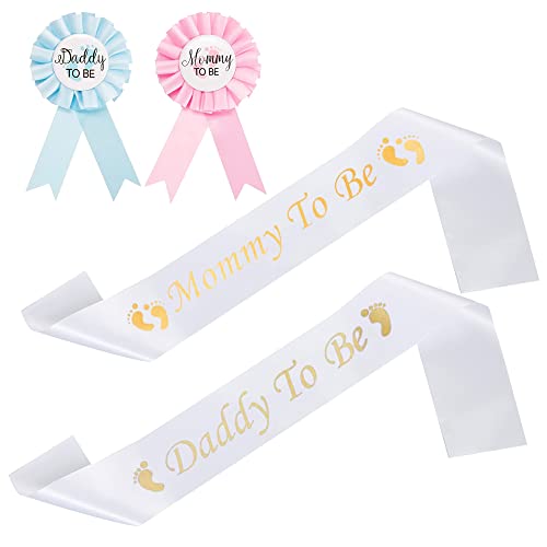 JKDHJK 4 Stück Babydusche Schärpen Abzeichen Set, Weißblech Abzeichen Pin Mit Party Deko Gender Reveal für Baby Willkommensparty Baby Party Feier Party Zubehör Dekoration(Rosa,Blau) Cover