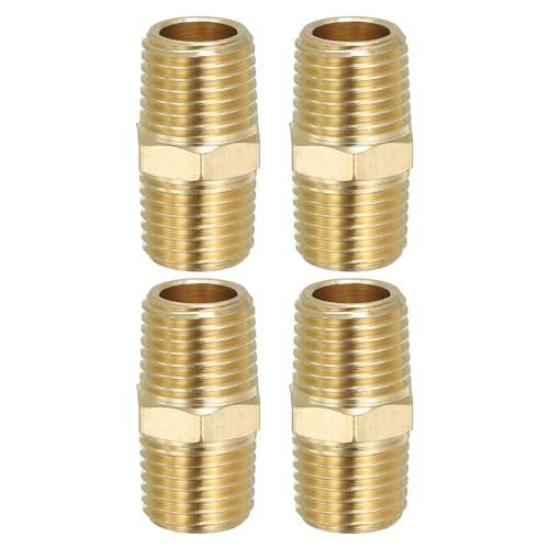 PATIKIL Solid Brass Hex Nipple Pipe Fitting Thread Adapter, 4 Pack 1/4" NPT x 1/4" NPT Male Water Line Connectors Couplings