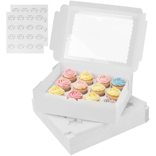 KEILEOHO 20 Stück Weiß Cupcake Box 12er, Muffin Box mit Aufklebern, 12 Löcher Cupcake Transportbox für Kuchen Dekorieren, Hochzeiten und Feiern