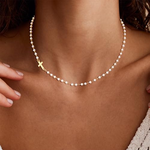 Gold Pearl Cross Necklace for Women - Dainty Sidways Cross Pendant Necklace Pearls Beaded Necklaces Pearl Chain Choker Necklaces Faith Jewelry Religious Gifts for Women by VIROMY - Used condition - Image 2