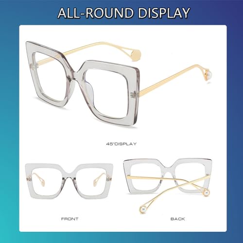 Image of Oversized Square Blue Light Blocking Glasses for Women Thick Fashion Pearl Inlay Arm Eyewear Computer Eyeglasses