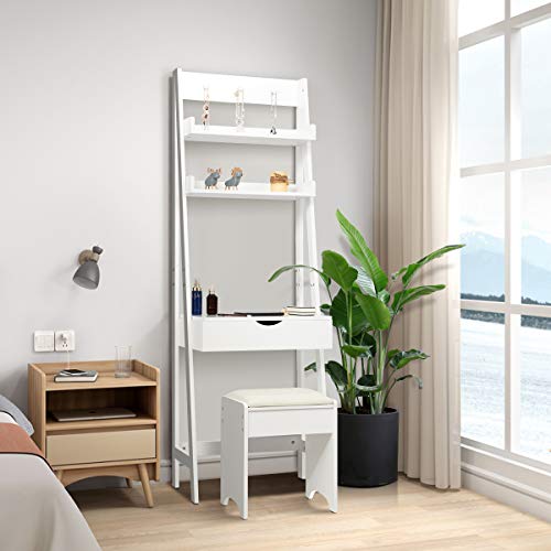 COSTWAY Kaptafel set met openen bovenkant spiegel, make-up tafel set met 3 haken & 2 opbergplank, 6 verwijderbare… - Image 7