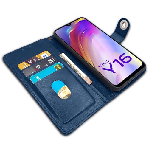 Image of Pikkme Vivo Y16 Flip Cover Leather Finish | Inside TPU with Card Pockets | Wallet Stand and Shock Proof | Complete Protection Button Flip Case (Blue)