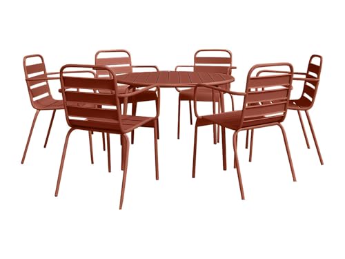 Vente-unique-Sala da pranzo da giardino tavolo tondo D.130cm e 6 poltrone impilabili Metallo Terracotta - MIRMANDE di MYLIA