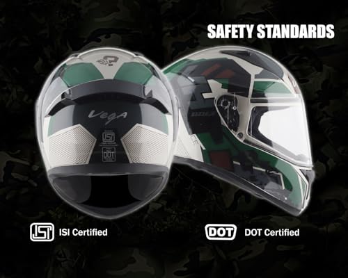 Image of Vega Bolt Army Full Face Riding Helmet with Lightweight Shell, Comfortable Liner, Shock Absorbing Interior, Ventilated Fit, Durable Build, and Modern Mud Battle Green Styling Mud Battle Green-M