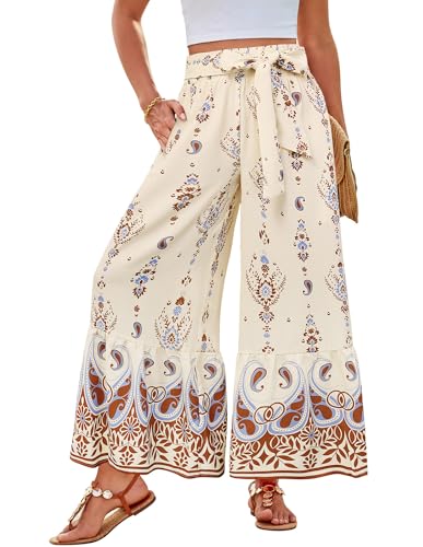 GRACE KARIN Flowy Palazzo Pants Wide Leg Loose Comfy Beach Vacation Outfits Smocked High Waisted Pants for Women