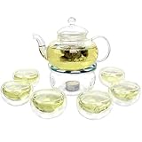 27 oz Glass Teapot Set Stovetop Safe Tea Infuser Maker with a Candle Warmer and 6 Double Wall Teacups，Blooming & Loose Leaf Tea Pot CJ-800ml