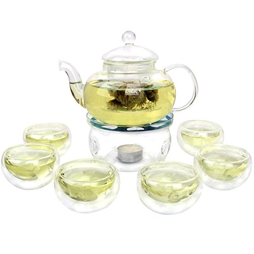 27 Oz Glass Teapot Set Stovetop Safe Tea Infuser Maker With A Candle Warmer And 6 Double Wall Teacups，Blooming & Loose Leaf Tea Pot Cj-800Ml #TOP9