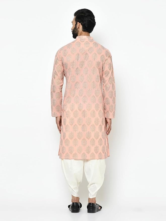 Image of KISAH Men's Kurta Dhoti Set, Cotton Blend, Printed Mandarin Colla Regular Fitr Long Sleeves