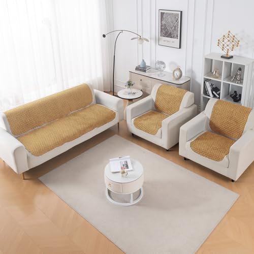 Image of HOKIPO Quilted Sofa Cover 5 Seater Set (3+1+1) - Sofa Cover for Seat & Back | 'Quilt Classic' Yellow (IN-927 * 2+925 * 4-YLW)