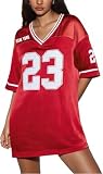 MYHALF Jersey Shirts for Women Number Graphic Sport Dresses Y2k Baggy Streetwear V Neck Short Sleeve T Shirt Dress Oversized Red