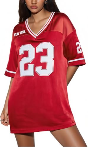 MYHALF Jersey Shirts for Women Number Graphic Sport Dresses Y2k Baggy Streetwear V Neck Short Sleeve T Shirt Dress Oversized Red