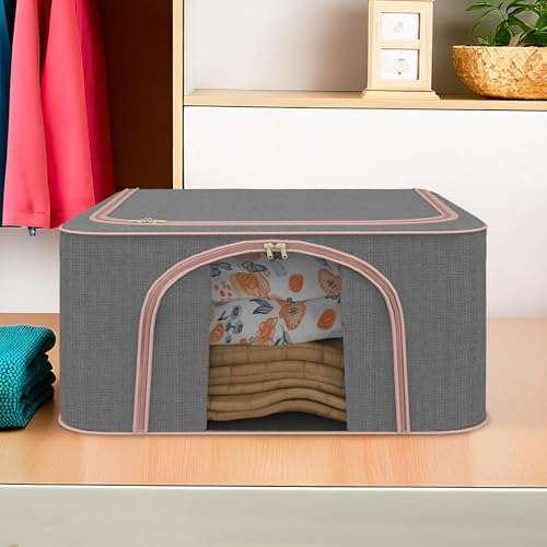 Image of Kuber Industries 66 Liter Foldable Cloth Organizer for Storage with Steel Frames, Zip & Handles | See Through Saree Organiser for Wardrobe, Seasonal & Home Items | LJ-1-GRY | Grey
