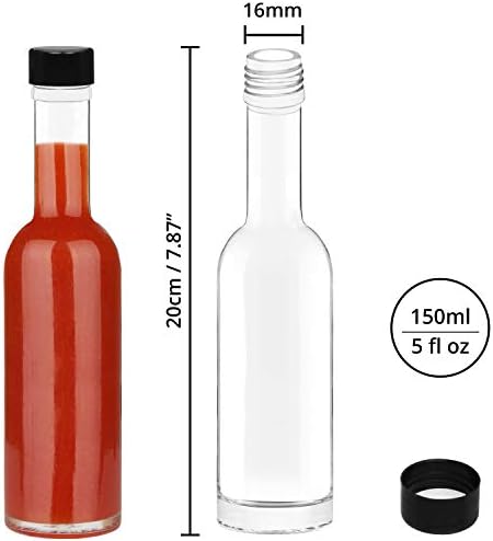 BELLE VOUS Sauce & Liquor Bottles (12 Pack) - Glass 150ml (5 fl oz) Empty Spirit Bottles with Leak Proof Black Screw Caps - For Hot Sauce, Oils & Dressings - Small Bottles for Weddings and Parties