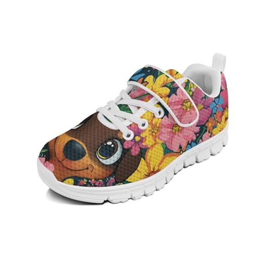 Boys Girls Shoes Kids Tennis Running Athletic School Sneakers for Little/Big Kid Cute Dog Groovy Flowers Pattern（White Sole）