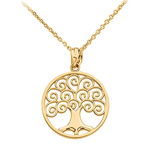 Sideways Crosses Certified 10K Yellow Gold Circle Tree of Life Openwork Pendant Necklace, 22'