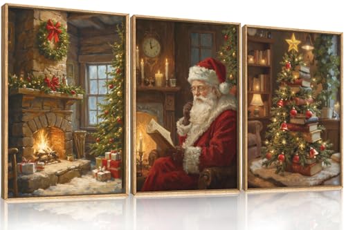 BICERE Large Vintage Christmas Framed Canvas Wall Art Set,Santa Reading Book Wall Decor,Retro Xmas Tree Art Prints,Snowy Winter Fireplace Artwork for Living Room,Bedroom,Farmhouse -16"x24"x3
