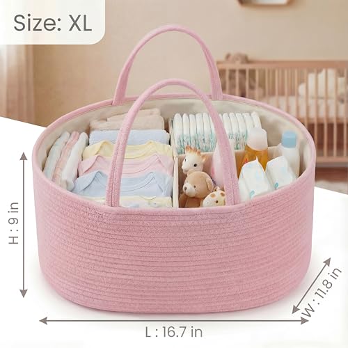 Image of luxury little Diaper Caddy Organizer, Large Cotton Rope Nursery Baby Basket, Changing Table Organizer for Baby Diaper Storage, Portable Car Organizer Removable Divider (Light Pink, Extra Large)