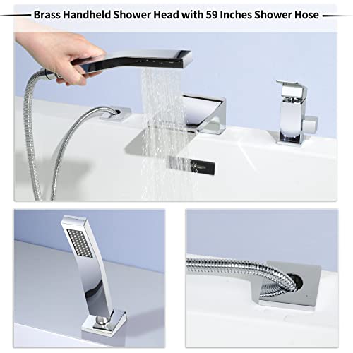 Kaphome Bathtub Faucet With Handheld Shower,Deck Mount Brass Roman Tub Faucet High Flow,3-Holes Single-Handle Waterfall Tub Filler With Sprayer Chrome,4Y1Mk #TOP3