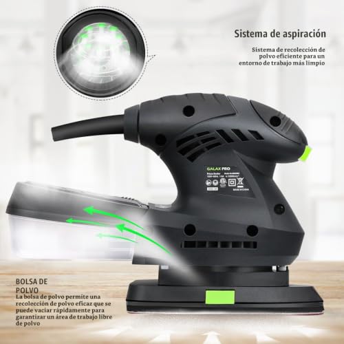 Miniatura 6 de Galax Pro Lijadora Madera 200w 12000 Opm,Lijadora Electrica Diseño Compacto Con Contenedor De Polvo,Lijadora Orbital Con 10 Hojas De Papel De Lija Para Alisar Madera Y Quitar Pintura