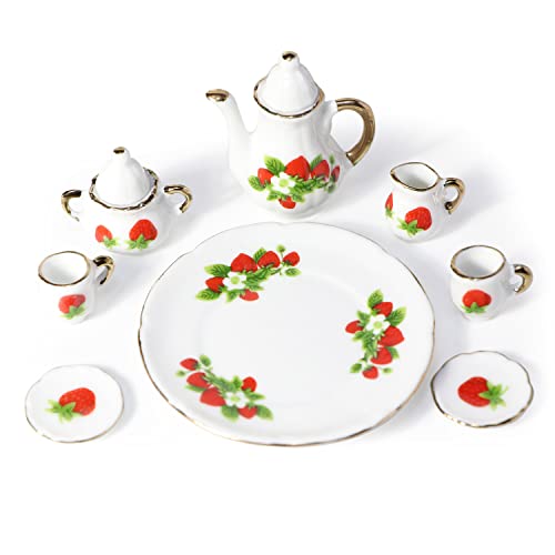 Cutemini 1:6 Scale Miniature Porcelain Dollhouse Tea Set 8PCS Flower Pattern Teapot Platter Dish Sets Dollhouse Kitchen Supplies Decoration (Strawberry)