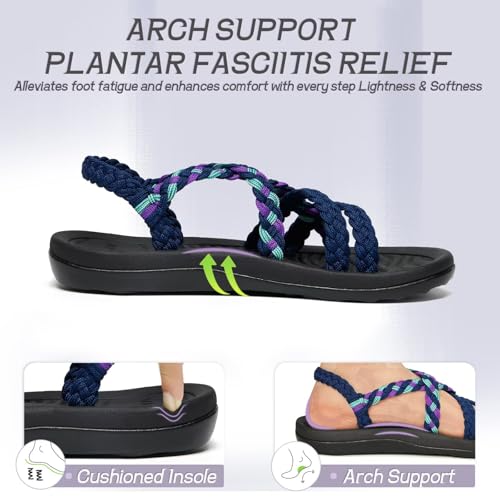 MEGNYA Women's Athletic Hiking Shoes, Casula Wadable Beach Slide Sandals for Supportive, Adjustable Fit Arch Support Sandals with Soft Ropes for Walking Navy Blue Size 10