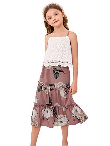 Image of WDIRARA Girl's 2 Piece Set Contrast Lace Cami Top With Floral Print Frilled Skirt