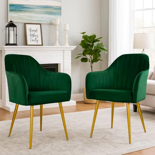 Image of Velvet Accent Chair | Luxury Upholstered Armchair with Sturdy Metal Legs | Modern Comfortable Chair for Living Room, Bedroom, Office, or Cafe (Golden Legs, Bottle Green 2pc)