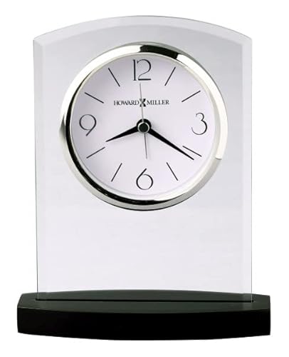 Howard Miller Landre Table Clock 645-841 – Black Satin Wooden Base, Beveled Glass Arch Frame, Black Arabic Numerals, Felt-Covered Bottom, Battery-Operated Alarm Clock, Modern Clock  #TOP2